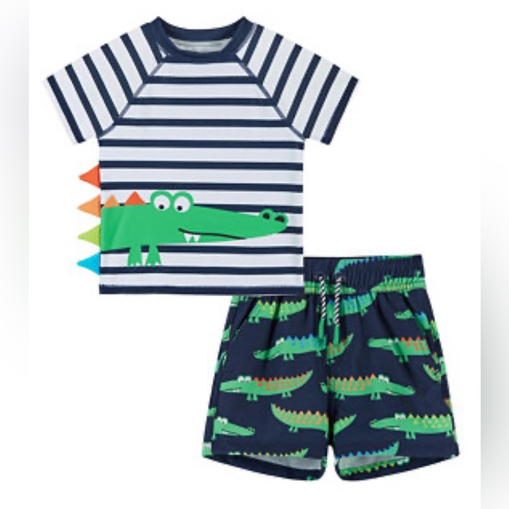 Andy & Evan Kids Blue Green‎ Short Sleeve Crocodile Rashguard Swim Set Size 6